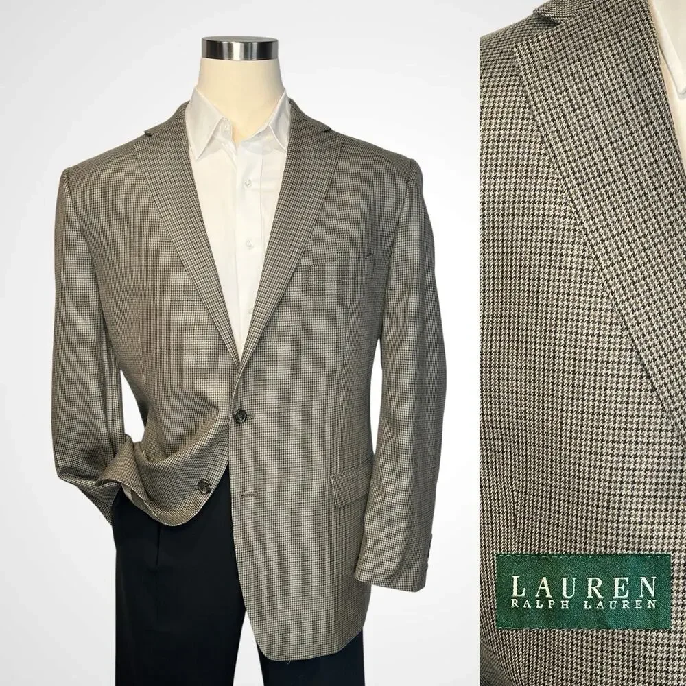 Ralph Lauren LRL 48L Tan Brown Houndstooth Silk Wool Blazer Sport Jacket
